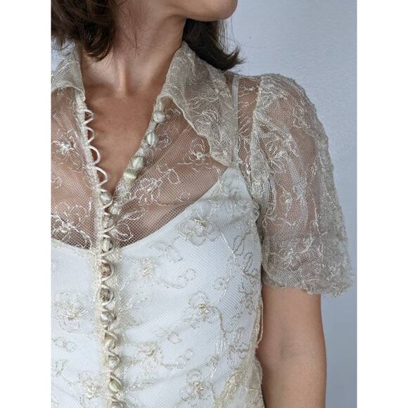 vintage 30s Sheer EMBROIDERED Dagger Collar MAXI DRESS xs/s tea stained 1930s - Picture 5 of 10